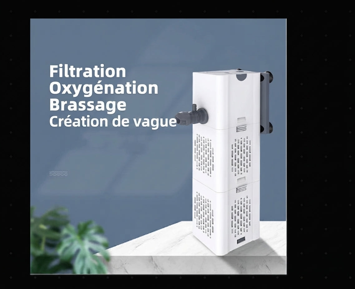 Pompe de filtration 3-en-1 pour aquarium d'eau douce (Circulation, Filtration & Oxygénation)