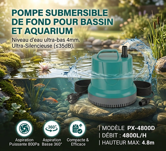 Pompe Submersible 4800 L/h — Ultra-Silencieuse (35 dB) & Aspiration Rasante 4 mm (360°)