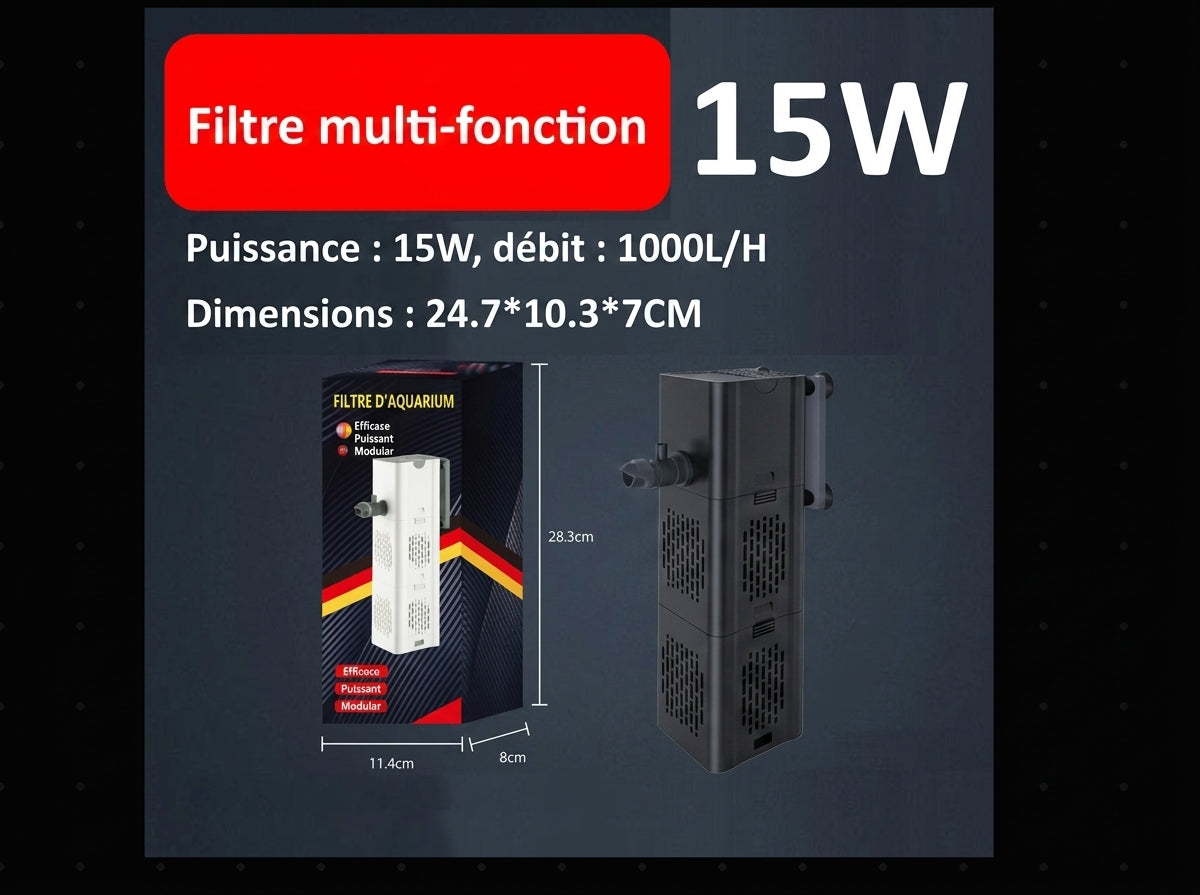 Pompe de filtration 3-en-1 pour aquarium d'eau douce (Circulation, Filtration & Oxygénation)