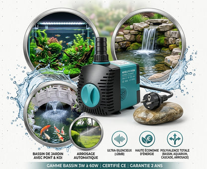 Pompe Submersible de Bassin Économe — Cascade & Filtration (3W à 60W)